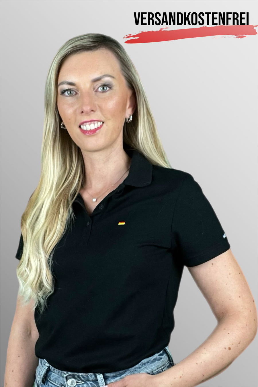Damen Polohemd schwarz figurbetont Deutschlandflagge